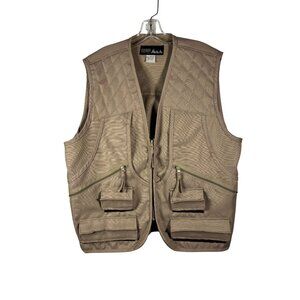 Large Multi-Pocket Beige Fishing Hunting Vest Quilted Shoulders and Front Zipper